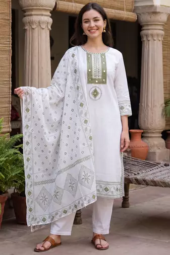 White embroidered straight kurta trousers with dupatta set