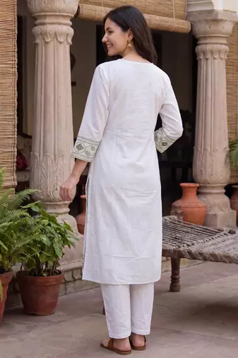 White embroidered straight kurta trousers with dupatta set