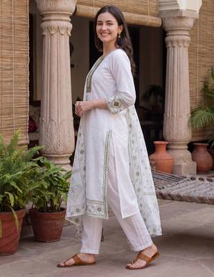 White embroidered straight kurta trousers with dupatta set 4