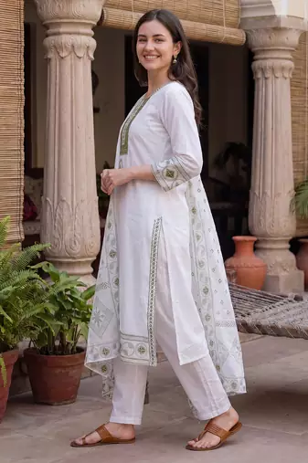 White embroidered straight kurta trousers with dupatta set