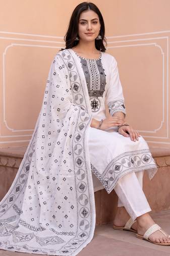 White embroidered straight kurta trousers with dupatta set