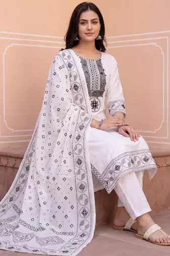 White embroidered straight kurta trousers with dupatta set
