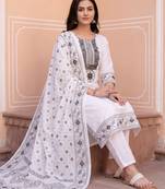 White embroidered straight kurta trousers with dupatta set