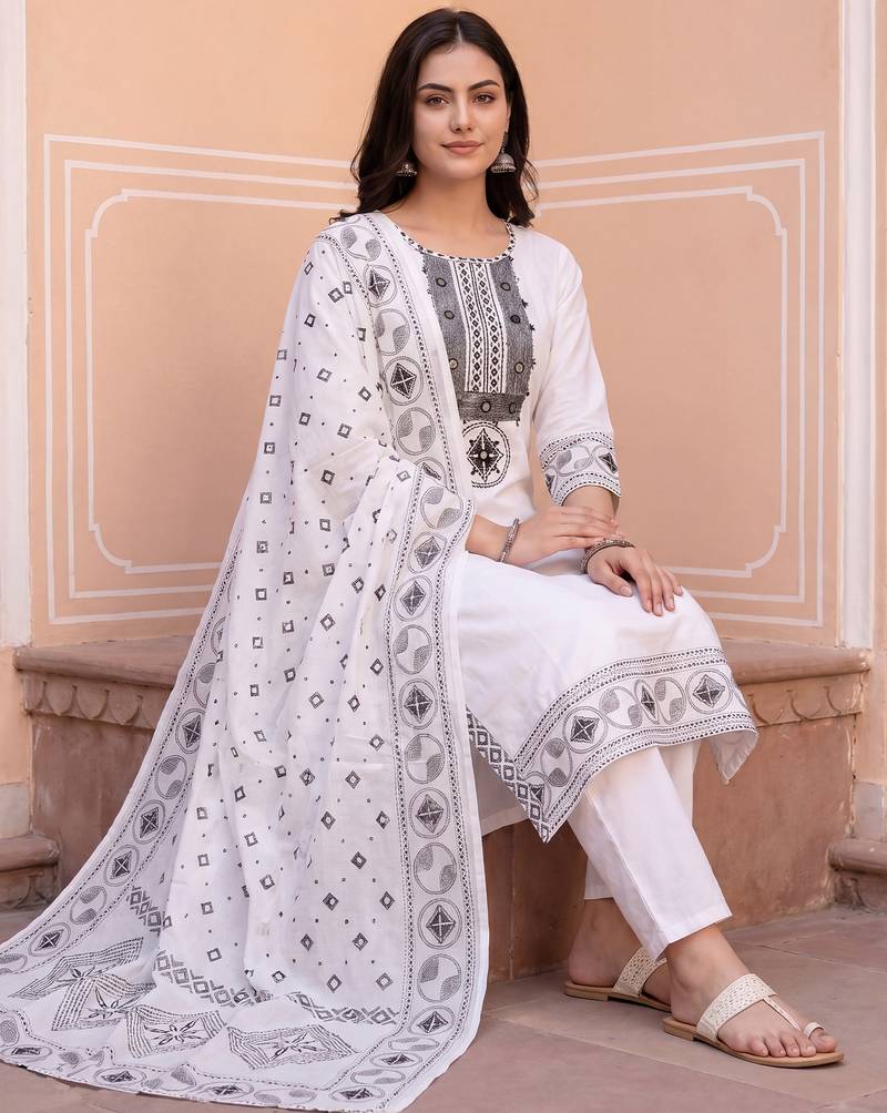 White embroidered straight kurta trousers with dupatta set