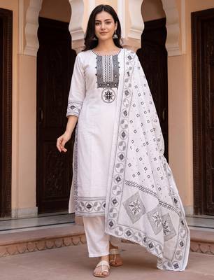 White embroidered straight kurta trousers with dupatta set 2
