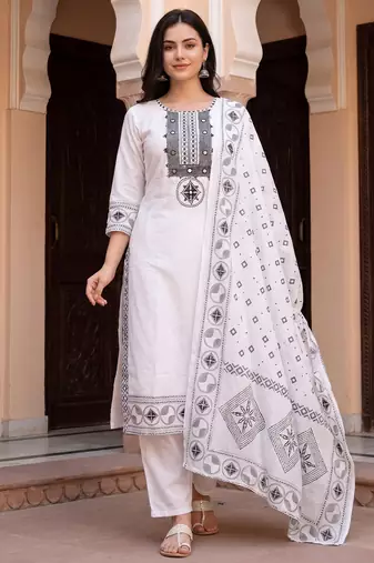 White embroidered straight kurta trousers with dupatta set