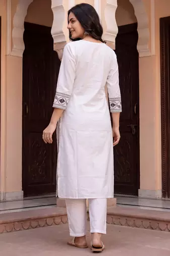 White embroidered straight kurta trousers with dupatta set