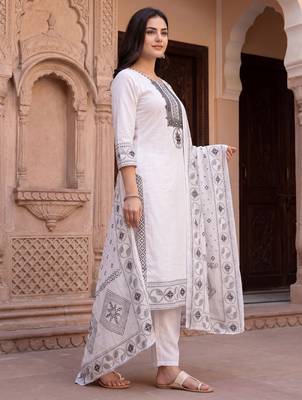 White embroidered straight kurta trousers with dupatta set 4