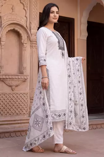 White embroidered straight kurta trousers with dupatta set
