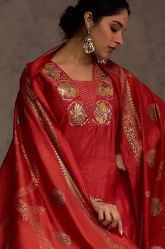 Orange embroidered straight kurta trousers with dupatta set