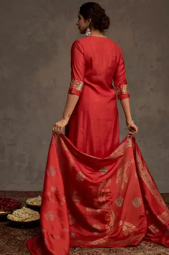 Orange embroidered straight kurta trousers with dupatta set