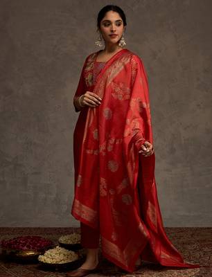 Orange embroidered straight kurta trousers with dupatta set 3