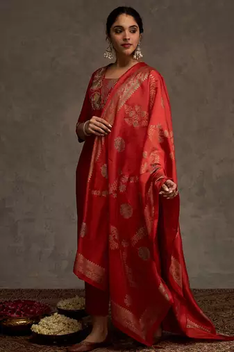 Orange embroidered straight kurta trousers with dupatta set