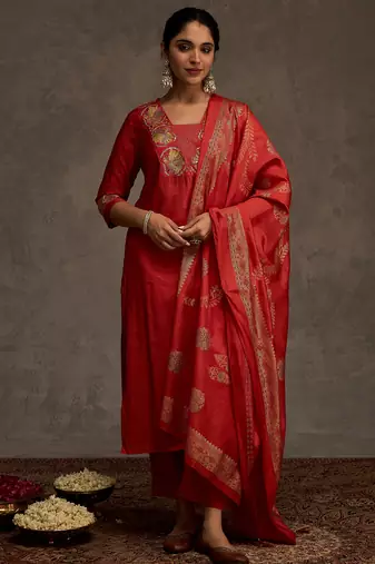 Orange embroidered straight kurta trousers with dupatta set