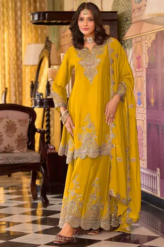 Green embroidered a-line kurta palazzo with dupatta set