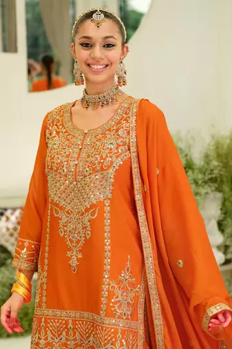 Orange embroidered straight kurta skirt with dupatta set