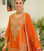 Orange embroidered straight kurta skirt with dupatta set