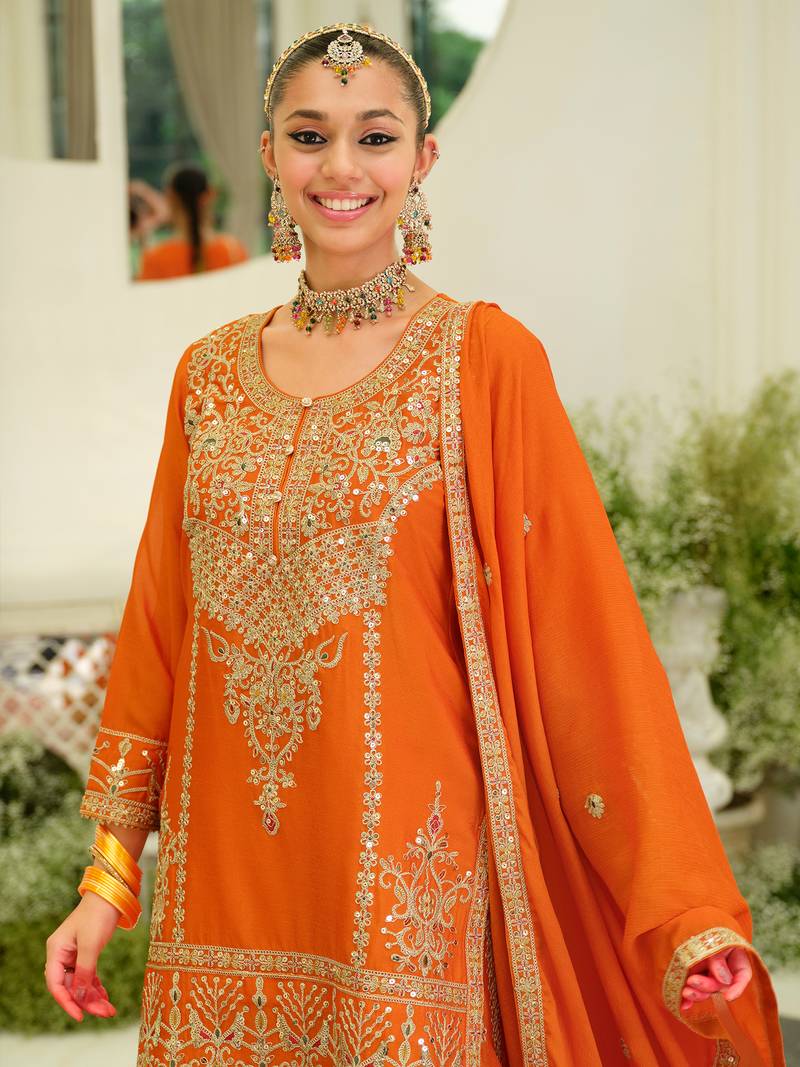 Orange embroidered straight kurta skirt with dupatta set