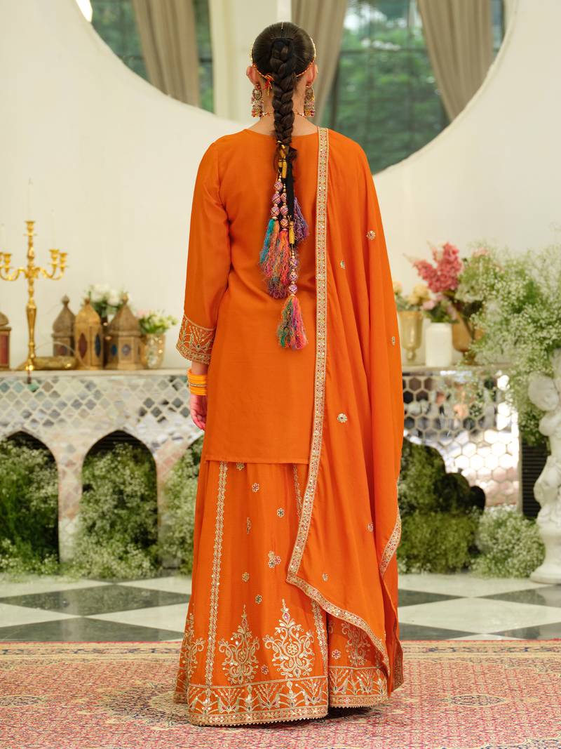 Orange embroidered straight kurta skirt with dupatta set