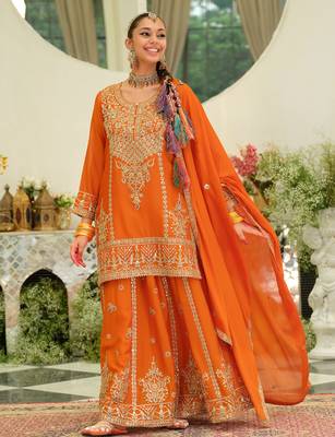 Orange embroidered straight kurta skirt with dupatta set 4