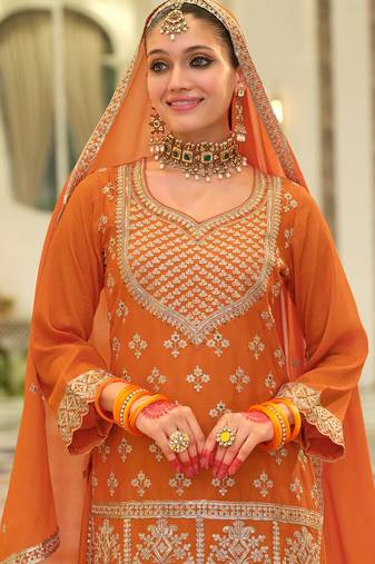 Orange embroidered straight kurta skirt with dupatta set