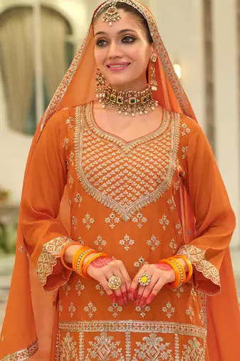Orange embroidered straight kurta skirt with dupatta set
