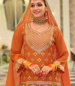 Orange embroidered straight kurta skirt with dupatta set
