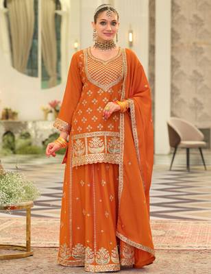 Orange embroidered straight kurta skirt with dupatta set 3