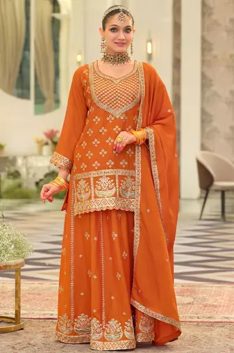 Orange embroidered straight kurta skirt with dupatta set