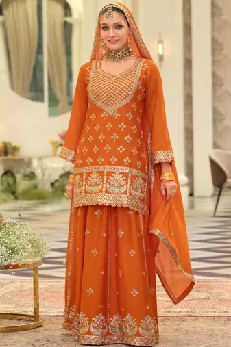 Orange embroidered straight kurta skirt with dupatta set