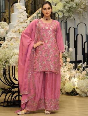 Pink embroidered straight kurta palazzo with dupatta set 1