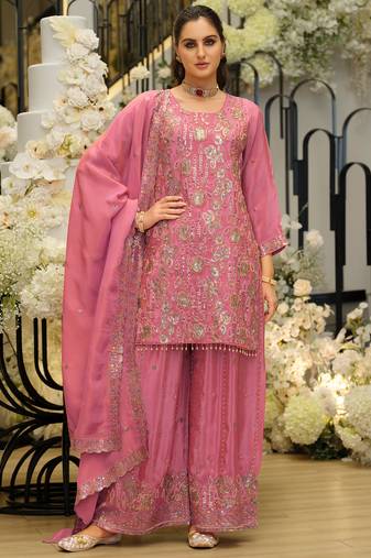 Pink embroidered straight kurta palazzo with dupatta set