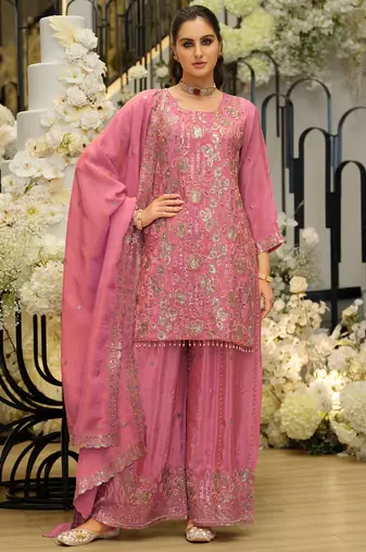 Pink embroidered straight kurta palazzo with dupatta set