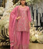 Pink embroidered straight kurta palazzo with dupatta set