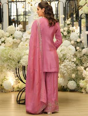 Pink embroidered straight kurta palazzo with dupatta set 2