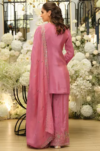 Pink embroidered straight kurta palazzo with dupatta set