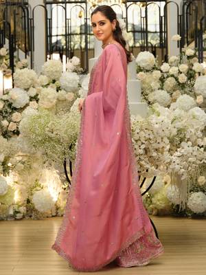 Pink embroidered straight kurta palazzo with dupatta set 3