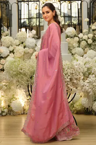 Pink embroidered straight kurta palazzo with dupatta set