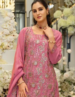 Pink embroidered straight kurta palazzo with dupatta set 4