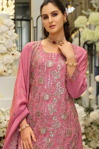 Pink embroidered straight kurta palazzo with dupatta set