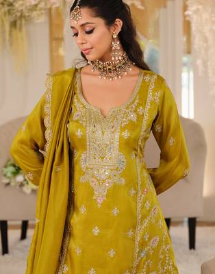 Mustard embroidered a-line kurta palazzo with dupatta set 1