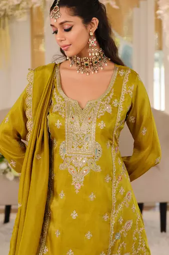 Mustard embroidered a-line kurta palazzo with dupatta set