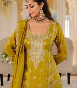 Mustard embroidered a-line kurta palazzo with dupatta set
