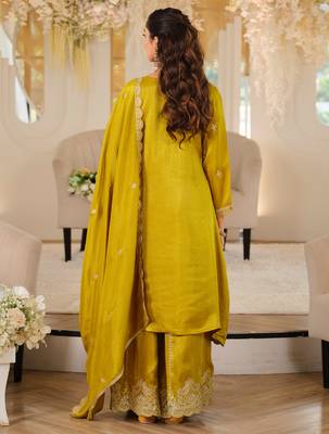 Mustard embroidered a-line kurta palazzo with dupatta set 2