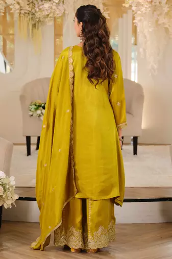 Mustard embroidered a-line kurta palazzo with dupatta set