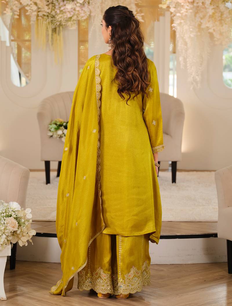 Mustard embroidered a-line kurta palazzo with dupatta set