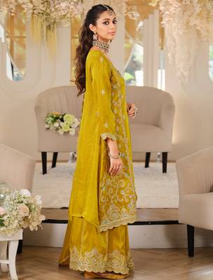 Mustard embroidered a-line kurta palazzo with dupatta set 3