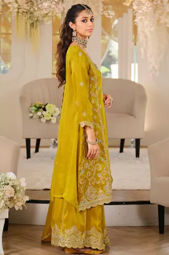 Mustard embroidered a-line kurta palazzo with dupatta set
