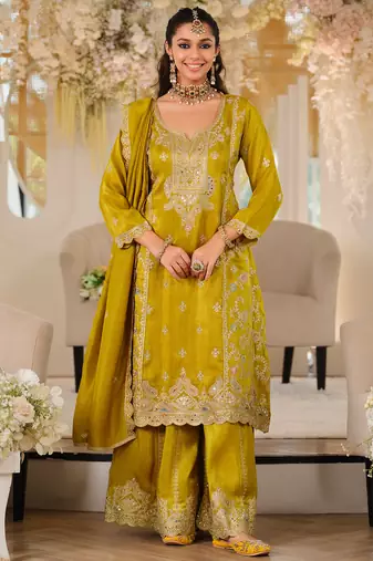 Mustard embroidered a-line kurta palazzo with dupatta set