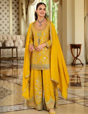 Yellow embroidered straight kurta palazzo with dupatta set 1